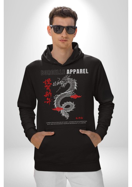 Çin Sitili Ejderha Bereket Tanrısı Erkek Kadın Siyah Dijital Baskılı Kapüşonlu Sweatshirt Hoodie