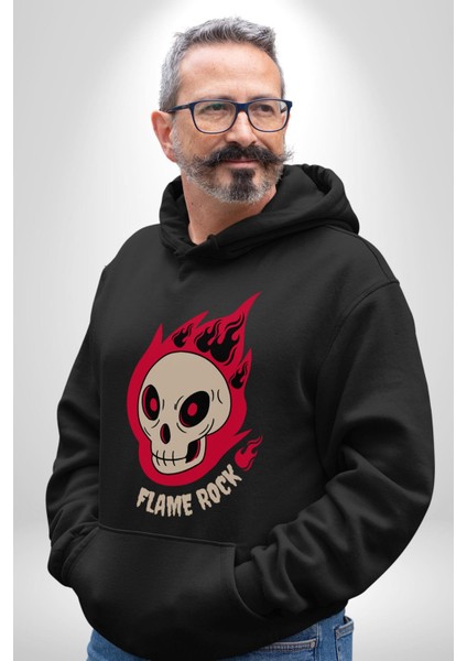 Kırmızı Ateş Kurukafa Rock Erkek Kadın Siyah Dijital Baskılı Kapüşonlu Sweatshirt Hoodie