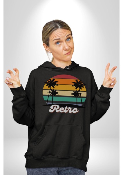Retro Palmiye Güneş 80 90 Erkek Kadın Siyah Dijital Baskılı Kapüşonlu Sweatshirt Hoodie