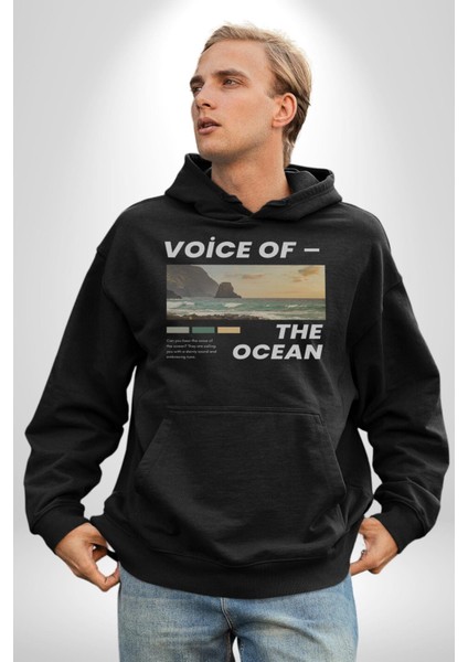 Okyanusun Sesi Erkek Kadın Siyah Dijital Baskılı Kapüşonlu Sweatshirt Hoodie