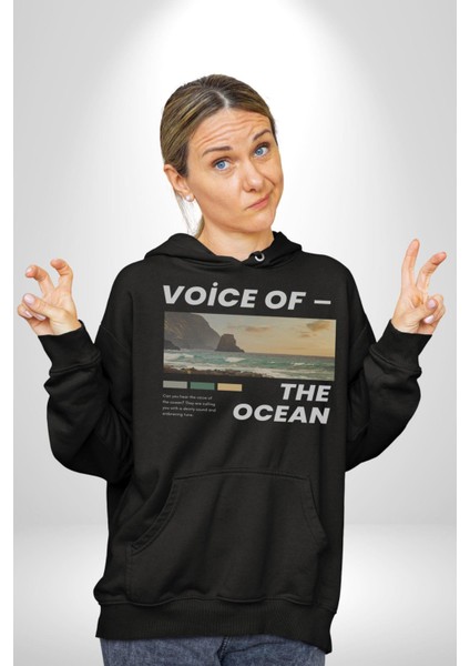 Okyanusun Sesi Erkek Kadın Siyah Dijital Baskılı Kapüşonlu Sweatshirt Hoodie