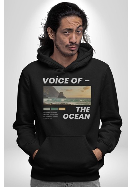Okyanusun Sesi Erkek Kadın Siyah Dijital Baskılı Kapüşonlu Sweatshirt Hoodie