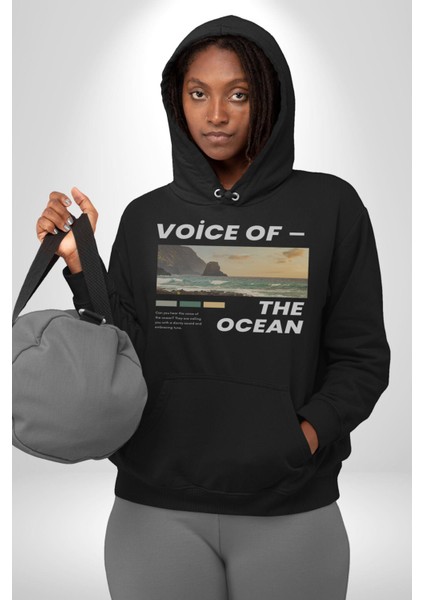 Okyanusun Sesi Erkek Kadın Siyah Dijital Baskılı Kapüşonlu Sweatshirt Hoodie