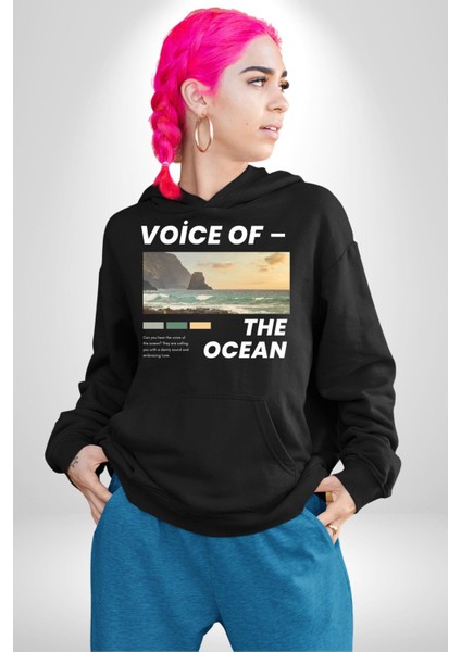 Okyanusun Sesi Erkek Kadın Siyah Dijital Baskılı Kapüşonlu Sweatshirt Hoodie