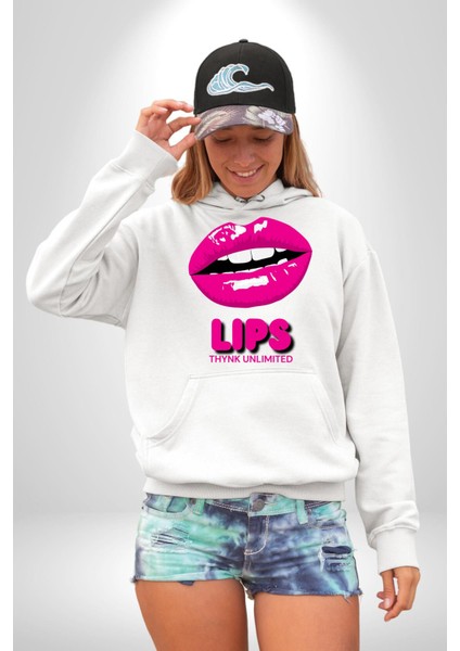 Lips Ruj Pembe Dudak Sınırsız Düşün Erkek Kadın Beyaz Dijital Baskılı Kapüşonlu Sweatshirt Hoodie fırsatları