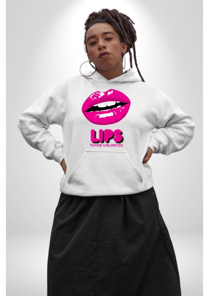 Lips Ruj Pembe Dudak Sınırsız Düşün Erkek Kadın Beyaz Dijital Baskılı Kapüşonlu Sweatshirt Hoodie indirimleri