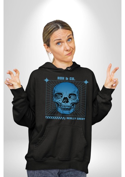 Sokak Sitili Kurukafa Erkek Kadın Siyah Dijital Baskılı Kapüşonlu Sweatshirt Hoodie fiyatları