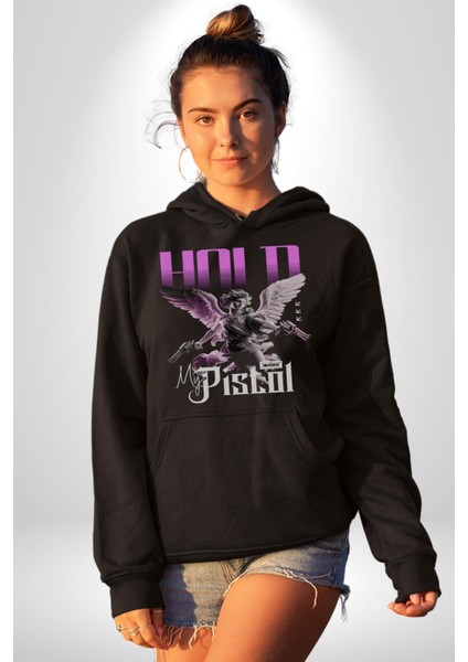 Sokak Stili Katil Aşk Meleği Erkek Kadın Siyah Dijital Baskılı Kapüşonlu Sweatshirt Hoodie