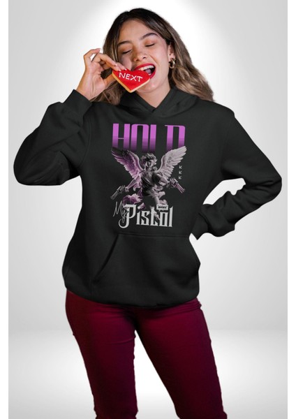 Sokak Stili Katil Aşk Meleği Erkek Kadın Siyah Dijital Baskılı Kapüşonlu Sweatshirt Hoodie