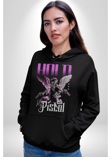 Sokak Stili Katil Aşk Meleği Erkek Kadın Siyah Dijital Baskılı Kapüşonlu Sweatshirt Hoodie
