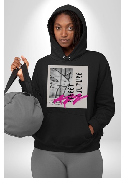 Sokak Kültürü Erkek Kadın Siyah Dijital Baskılı Kapüşonlu Sweatshirt Hoodie