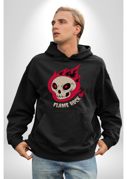 Kırmızı Ateş Kurukafa Rock Erkek Kadın Siyah Dijital Baskılı Kapüşonlu Sweatshirt Hoodie