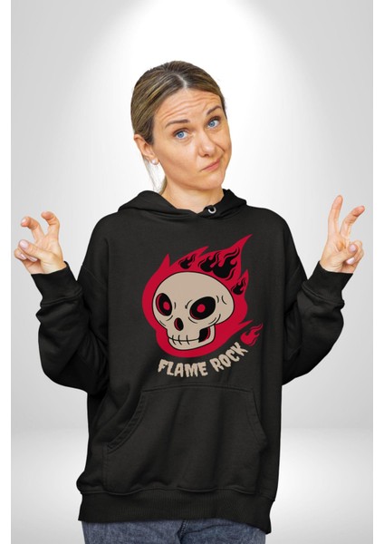 Kırmızı Ateş Kurukafa Rock Erkek Kadın Siyah Dijital Baskılı Kapüşonlu Sweatshirt Hoodie