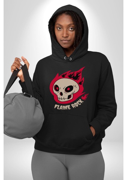 Kırmızı Ateş Kurukafa Rock Erkek Kadın Siyah Dijital Baskılı Kapüşonlu Sweatshirt Hoodie