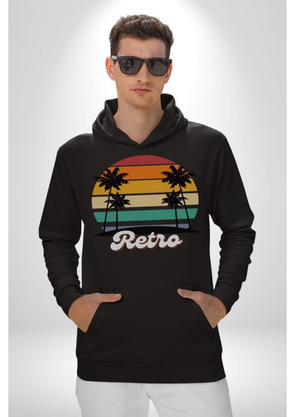 Retro Palmiye Güneş 80 90 Erkek Kadın Siyah Dijital Baskılı Kapüşonlu Sweatshirt Hoodie