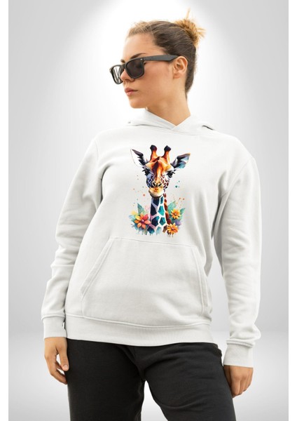 Yapay Zeka Sanat Zürafa Çiçekler Çizimi Erkek Kadın Beyaz Dijital Baskılı Kapüşonlu Sweatshirt Hoodie