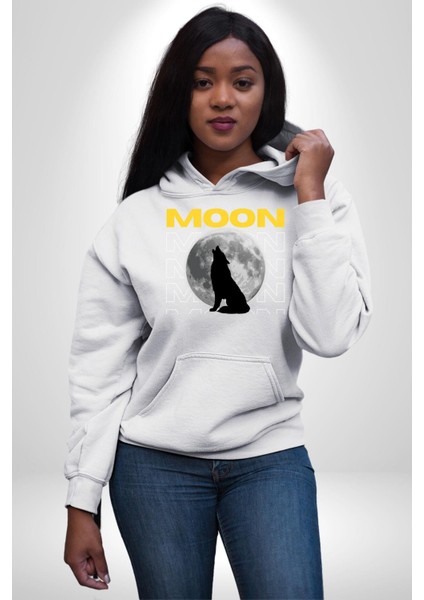 Ay Dolunay Uluyan Kurt Erkek Kadın Beyaz Dijital Baskılı Kapüşonlu Sweatshirt Hoodie