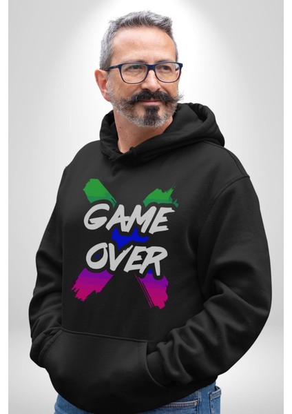 Game Over Oyun Bitti Erkek Kadın Siyah Dijital Baskılı Kapüşonlu Sweatshirt Hoodie