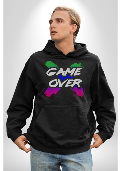 Game Over Oyun Bitti Erkek Kadın Siyah Dijital Baskılı Kapüşonlu Sweatshirt Hoodie