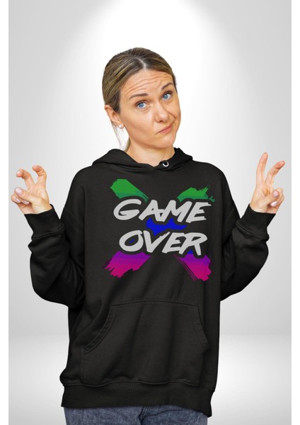 Game Over Oyun Bitti Erkek Kadın Siyah Dijital Baskılı Kapüşonlu Sweatshirt Hoodie