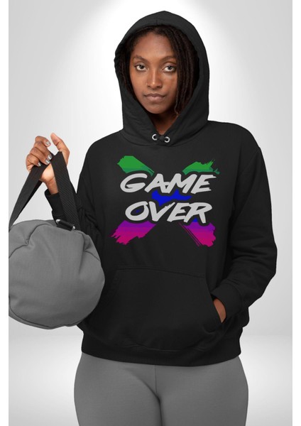 Game Over Oyun Bitti Erkek Kadın Siyah Dijital Baskılı Kapüşonlu Sweatshirt Hoodie
