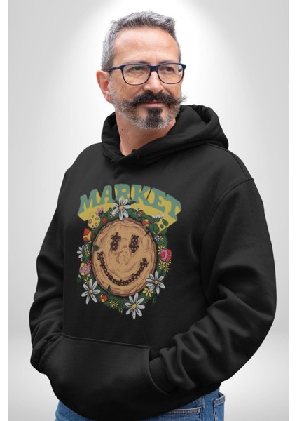 Gülen Market Ağaç Çiçek Mantar Erkek Kadın Siyah Dijital Baskılı Kapüşonlu Sweatshirt Hoodie modelleri
