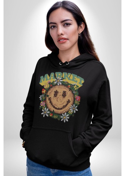 Gülen Market Ağaç Çiçek Mantar Erkek Kadın Siyah Dijital Baskılı Kapüşonlu Sweatshirt Hoodie fırsatları