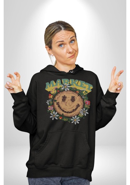 Gülen Market Ağaç Çiçek Mantar Erkek Kadın Siyah Dijital Baskılı Kapüşonlu Sweatshirt Hoodie indirimleri