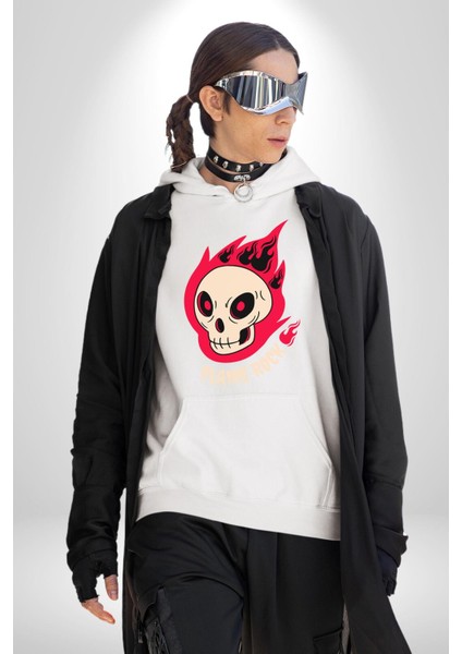 Kırmızı Ateş Kurukafa Rock Erkek Kadın Beyaz Dijital Baskılı Kapüşonlu Sweatshirt Hoodie