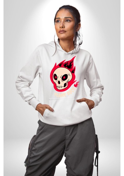 Kırmızı Ateş Kurukafa Rock Erkek Kadın Beyaz Dijital Baskılı Kapüşonlu Sweatshirt Hoodie modelleri