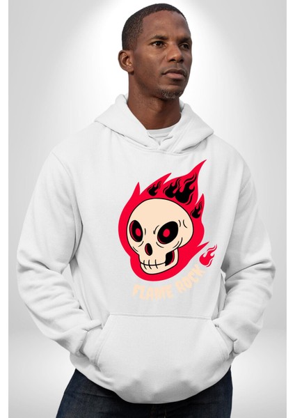 Kırmızı Ateş Kurukafa Rock Erkek Kadın Beyaz Dijital Baskılı Kapüşonlu Sweatshirt Hoodie fırsatları