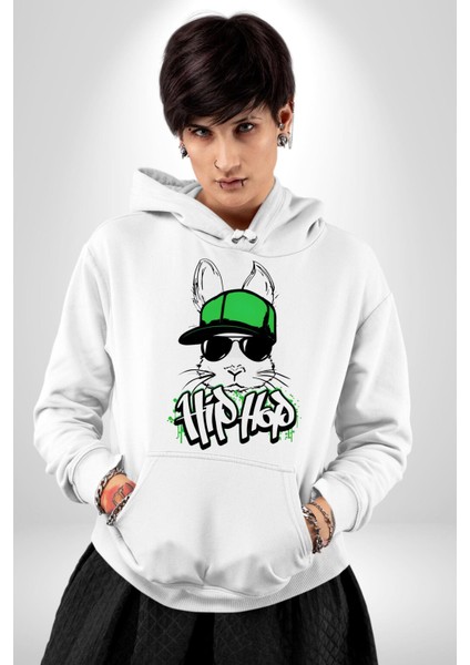 Paskalya Tavşanı Hip Hop Yeşil Şapka Erkek Kadın Beyaz Dijital Baskılı Kapüşonlu Sweatshirt Hoodie