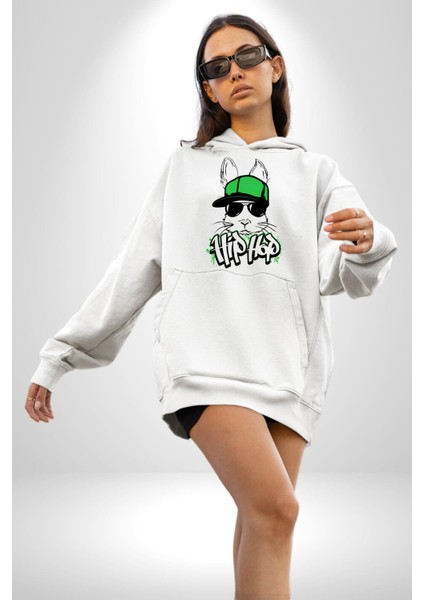 Paskalya Tavşanı Hip Hop Yeşil Şapka Erkek Kadın Beyaz Dijital Baskılı Kapüşonlu Sweatshirt Hoodie fiyatları