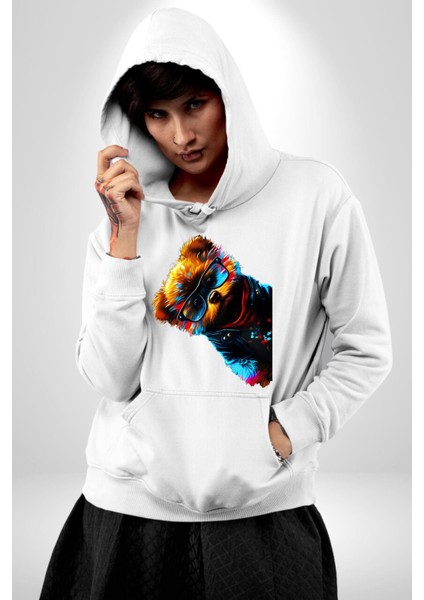 Cool Tedy Renkli Ayıcık Gözlük Erkek Kadın Beyaz Dijital Baskılı Kapüşonlu Sweatshirt Hoodie