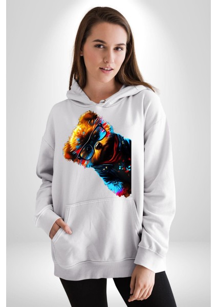 Cool Tedy Renkli Ayıcık Gözlük Erkek Kadın Beyaz Dijital Baskılı Kapüşonlu Sweatshirt Hoodie modelleri