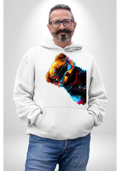 Cool Tedy Renkli Ayıcık Gözlük Erkek Kadın Beyaz Dijital Baskılı Kapüşonlu Sweatshirt Hoodie indirimleri