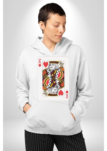 King Of Hearts Klasik Iskambil Kartı Grafiği Erkek Kadın Beyaz Dijital Baskılı Kapüşonlu Sweatshirt Hoodie