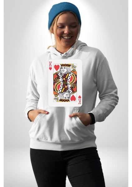 King Of Hearts Klasik Iskambil Kartı Grafiği Erkek Kadın Beyaz Dijital Baskılı Kapüşonlu Sweatshirt Hoodie fırsatları