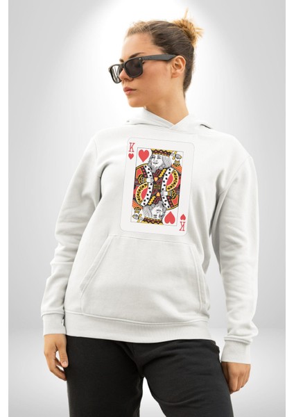 King Of Hearts Klasik Iskambil Kartı Grafiği Erkek Kadın Beyaz Dijital Baskılı Kapüşonlu Sweatshirt Hoodie indirimleri