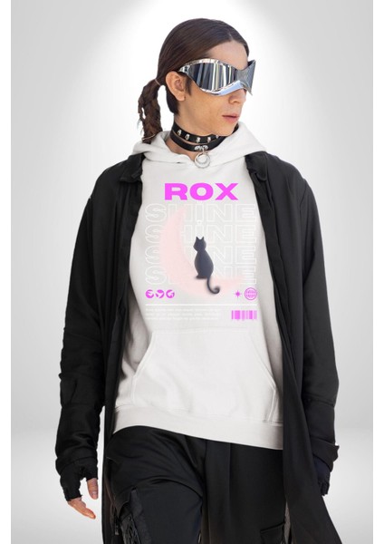 Siyah Kedi Ay Rox Sokak Style Erkek Kadın Beyaz Dijital Baskılı Kapüşonlu Sweatshirt Hoodie