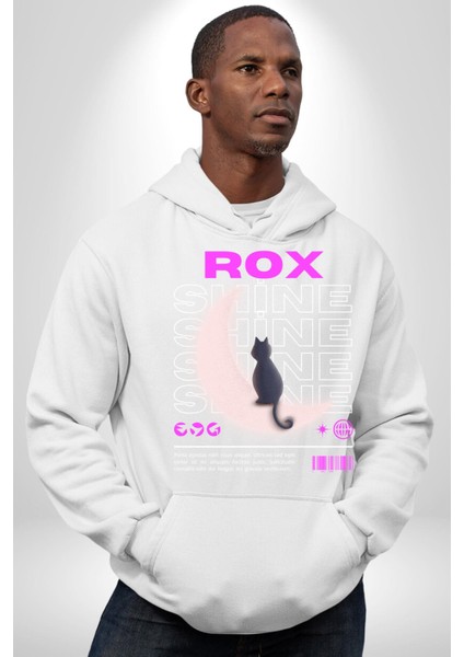 Siyah Kedi Ay Rox Sokak Style Erkek Kadın Beyaz Dijital Baskılı Kapüşonlu Sweatshirt Hoodie fırsatları