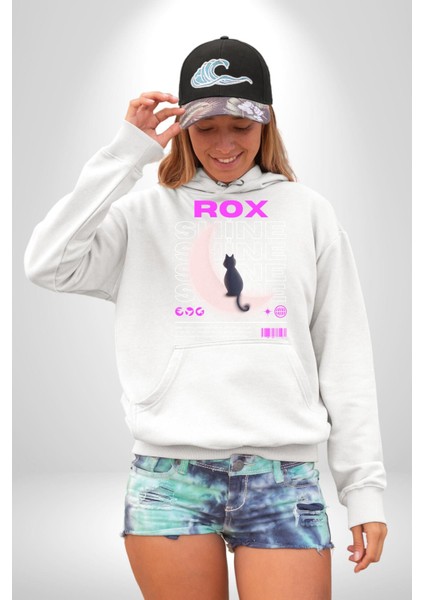 Siyah Kedi Ay Rox Sokak Style Erkek Kadın Beyaz Dijital Baskılı Kapüşonlu Sweatshirt Hoodie indirimleri