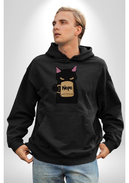Nope Kedi Mizahi Kahve Tasarımı Erkek Kadın Siyah Dijital Baskılı Kapüşonlu Sweatshirt Hoodie