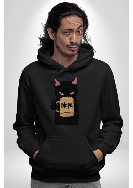 Nope Kedi Mizahi Kahve Tasarımı Erkek Kadın Siyah Dijital Baskılı Kapüşonlu Sweatshirt Hoodie modelleri