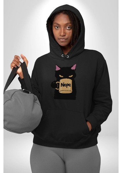 Nope Kedi Mizahi Kahve Tasarımı Erkek Kadın Siyah Dijital Baskılı Kapüşonlu Sweatshirt Hoodie fırsatları