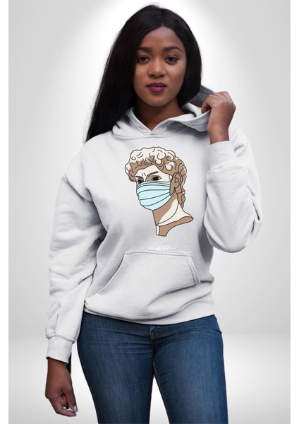 Medical Maske ve Sanat Uyumu Erkek Kadın Beyaz Dijital Baskılı Kapüşonlu Sweatshirt Hoodie