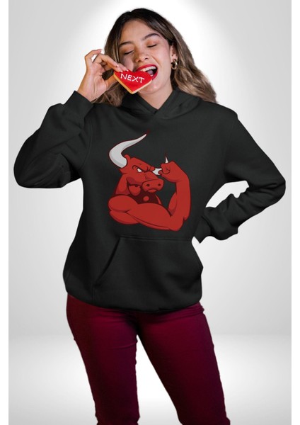 Kırmızı Boğa Maskotu Erkek Kadın Siyah Dijital Baskılı Kapüşonlu Sweatshirt Hoodie fırsatları