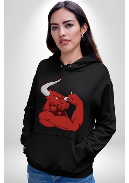 Kırmızı Boğa Maskotu Erkek Kadın Siyah Dijital Baskılı Kapüşonlu Sweatshirt Hoodie indirimleri
