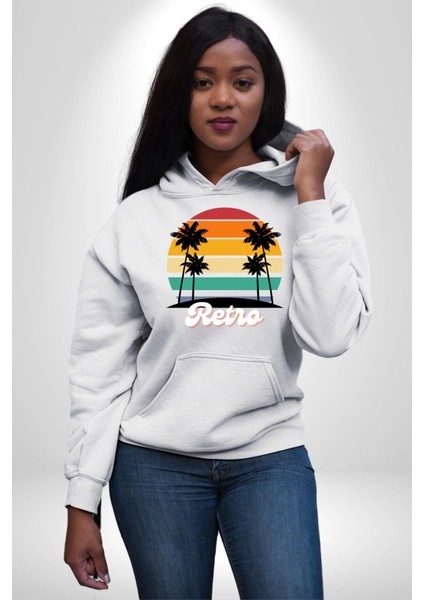 Retro Palmiye Güneş 80 90 Erkek Kadın Beyaz Dijital Baskılı Kapüşonlu Sweatshirt Hoodie fırsatları