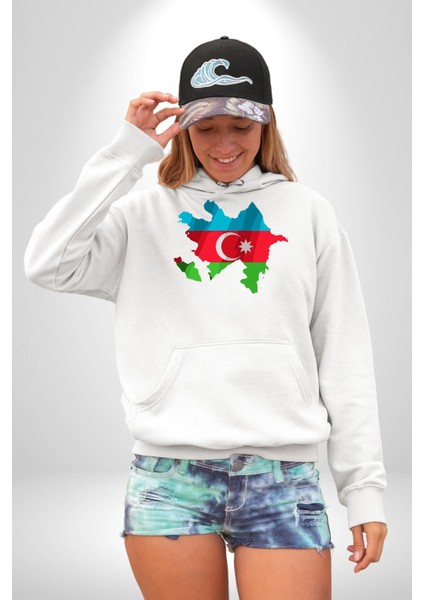 Azerbaycan Haritası Bayrak Tasarımı Erkek Kadın Beyaz Dijital Baskılı Kapüşonlu Sweatshirt Hoodie